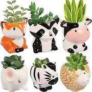6Pcs Animal Ceramics Planter with Drainage Hole Cute Cartoon Animal Shaped Succulent Planter Cartoon Mini Pots Small Plant Flower Cactus Container Set for Living Room Home Office