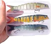 3 Pack Multi-Jointed Hard Bait Fishing Lure with Tackle Box - 8 Segment Sinking Crankbait, Lifelike 5.5in Artificial Lure, VIB Bait, 0.75oz, Realistic 3D Eyes, Carbon Steel Joints
