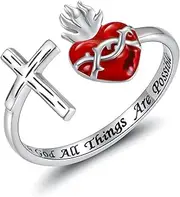 [Mic Tai] Sacred Heart of Jesus Ring 925 Sterling Silver Cross Rings God's Love Jewelry Amulet Gifts for Women Teens Girls