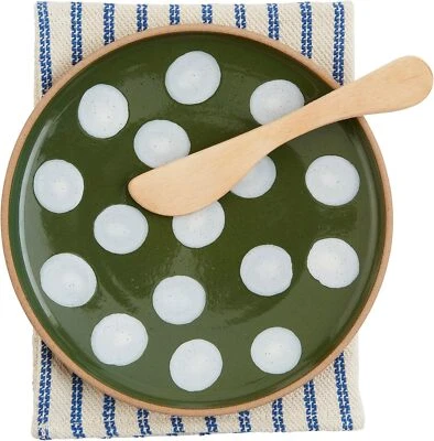 Mud Pie Dotted App Plate Set, 6 1/2" Dia, Spreader 5 1/2", Towel 21" x 14",Green