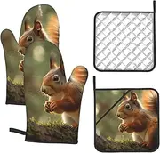 4 pcs Oven Mitts and Pot Holders Set 500°F Heat Resistant Oven Gloves and Hot Pads Kitchen Mittens Wildlife Forest Squirrel Cooking Gloves Potholders for Baking Grilling