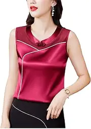 [Generic] Women Spring Summer Sleeveless Silk Satin Vest Shirt Patchwork Mesh Tank Top