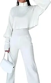 [INGKE] 2025 New Turtleneck Glove Knit Suit - High Waist Pant Sweatsuit +Long Sleeve Sweater Lounge Set