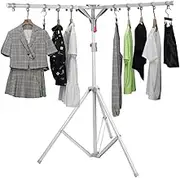 Foldable Clothes Airer with 4 Clothes Rails for Hangers, Extendable Stand Dryer, Space-Saving, Carbon Steel Ironing Clothes Airer for Camping, Balcony, Indoor and Outdoor, Silver Grey