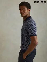 Reiss Navy Sanderson Half-Zip Diamond Stitch Polo Shirt (B16003) | $240