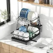 Dish Drying Rack for Kitchen Counter, 2 Tier Dish Racks with Drainboard Set, Stainless Steel Rustproof Dish Drainer with Drainboard, Kitchen Dish Drainer for Counter, Black