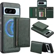 [GoshukunTech] for Google Pixel 8 Pro 5G Wallet Case with Card Holder,for Pixel 8 Pro Magnetic Case[Detachable Card Pocket] Leather Flip Cover[Support Magsafe or Wireless Charging]-Green