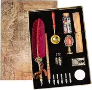 Joyeee Red Feather Pen and Ink Set, Writing Quill Pen with Ink, Brass Wax Stamp, Metal Dip Pen Holder, Letter Paper, Sealing Beads, Tealight, Retro Gift Box, Unique Birthday Gifts for Mum Dad