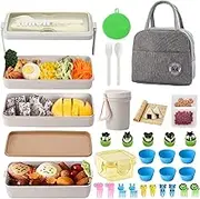 32 PCs Bento Box Lunch Box Kit, Japanese Lunch Box Set 3-in-1 Compartment w/Soup Cup, Sushi Mat, Spoon Fork, Cake Cups, Fruit Picks, Cookie Cutters, Snack Bags, Leakproof Lunch Container Lunch Bag