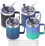 Volhoply 12oz Insulated Leakproof Coffee Mug with Sliding & Straw Lid Bulk 4 Pack,Double Wall Vacuum Stainless Steel Travel Tumbler Cup with Handle,Camping Keep Cold/Hot(Assort Color,4 Set)