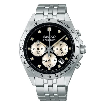 SEIKO SBTR047 Chronograph Quartz Watch 41mm Black Dial Silver Band Working