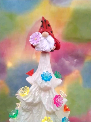 Ladybug Gnome w Pink Flower Topper for Ceramic Christmas Tree Lights Bulb Star