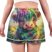 [RPLIFE] Cute Highland Cow Flowers Field Women's Sleep Shorts, Soft Comfy Lounging Shorts for Women