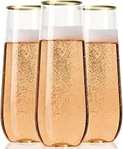 30 Plastic Stemless Champagne Flutes - Disposable Unbreakable 9 Oz toasting glasses, With Gold rim | Reusable, Clear, Fancy & Shatterproof Champagne Glasses - Ideal for Weddings, Birthdays, Parties