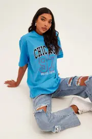 Blue Chicago Tee Short Sleeve Round Neck Embroidered - Size S, Women's Graphic Tee