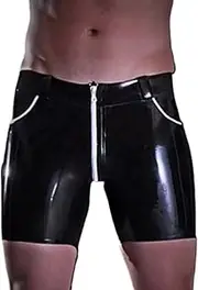 [DAIJES] Men's Black Latex Rubber Boxer Shorts Packet Pants with Front Crotch Zipper(Red,L)