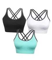 Strappy Women's Sports Bra Cross Back Tops for Medium 3pack(black+white+blue)