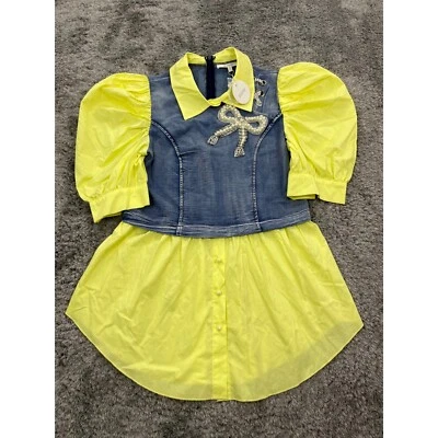 Pastel Dress Girls Medium Yellow Collared Puff Sleeve Flared Denim Vested NWT