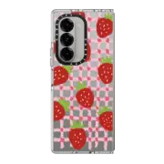 Galaxy Z Fold6 Clear Case sweet red strawberries with pink check pattern - crayon texture strawberry