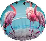 Flamingo Beach Print Shower Cap For Women Men Reusable Lightweight Soft Bath Hair Cap With Elastic Band