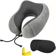 [MTIENGZION] Neck Pillow Shape-U Pure Memory Foam Neck Travel Pillow with 360 Degree Comfortable Breathable Head and Neck Support, Includes Luxury Bag, Eye Mask Earplugs for Car,Airplane,Train, Lunch Break (Gray)