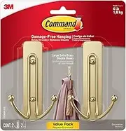 Command Large Wall Hooks, Damage-Free Hanging With Adhesive Strips, No Tools Double Hooks for Decorations in Living Spaces, 2 Satin Brass Plastic Hooks and 2 Command Strips