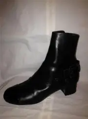 CHANEL 13B Black Leather Patent Cape Toe Buckled Ankle Bootie Boots Shoes $1325