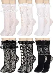 [Fourluoo] 6 Pairs Womens Socks Casual Ruffle Ankle Socks Lace Socks Cute Breathable Thin Cool Frilly Socks, White, Black, One Size