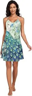 [RPLIFE] Peacock Bright Blue Feathers Slip Dress for Women, Sexy V-Neck Spaghetti Nightgown S-XXL