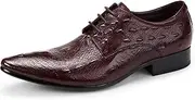 [Generic] Casual Business Work Shoes for Men Oxford Lace Up StyleGenuine Leather Crocodile Embossed Block Heel Retro Pointed Toe