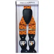 Mens Premium Convertible Suspenders Braces Clip On Elastic Y-Back Traditional Leather Tab - Polka Orange/Black