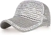 [Generic] Women Men Studded Rhinestone Crystals Adjustable Ponytail Mesh Baseball Cap Shiny Bling Casual Sports Cap Breathable Sun Hat
