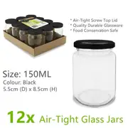 12x Air Tight Small 150ML Glass Jars w Black Lids Food Bottle Jam Spice Storage