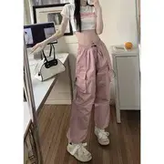 Mid Waist Plain Drawstring Cargo Baggy Pants Pink - M