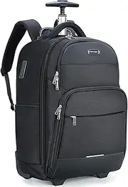 Ponhog Rolling Backpack, 30L Travel Laptop Backpack with Wheels, 15.6 Inch Roller Carry on Luggage with USB Charging Port, Flight Approved Personal Item Wheeled Suitcase for Men Women Adults, Black,