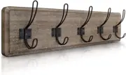 Weathered Rustic Coat Rack Wall Mount with 5 Hooks, Solid Pine Wood 24 Inch Wall