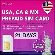travSIM T-Mobile Prepaid USA, Canada & Mexico SIM Card - 50 GB US, 5 GB CA & MX Combined - 4G LTE Data - Unlimited National Voice Calls & Text Messages - Valid for 21 Days