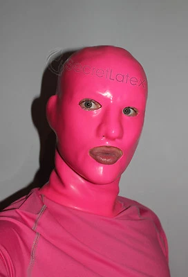 LATEX HOT PINK RUBBER GUMMI HOOD LONG NECK GIMP FETISH ANATOMICAL MALE MASK