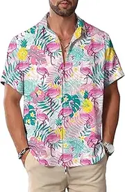 [KYKU] Hawaiian Men Button Shirt: Casual Summer Beach Short Sleeve Clothing: Tropical Vacations Clothes with Pocket, Flamingos Pink Men Hawaiian Button Shirt, Small