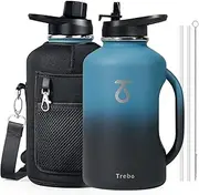 Trebo 64oz Insulated Half Gallon Water Bottle with Handle Straw Spout Lids,Double Wall Vacuum,Stainless Steel Metal Large Jug with Handle, Wide Mouth Flask Mug with Carry Pouch, Keep Cold Hot,Black
