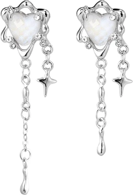 Moonstone Heart Stainless Steel Earrings for Women Teen Girls Tassel Silver Star