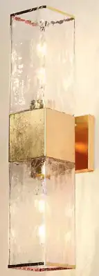 2-Light Antique Gold Wall Light with Cracked-Feeling Glass Shades