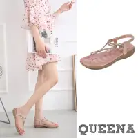 在飛比找momo購物網優惠-【QUEENA】坡跟涼鞋 夾腳涼鞋/優雅極簡鑽繩坡跟夾腳涼鞋