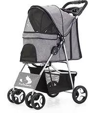FURBULOUS Pet Dog Stroller, 4-Wheel Foldable Cat Dog Stroller with Underneath Storage, Easy to Fold & Unfold, Cup Holder Handle 360° Front Wheel Rear Wheel with Brake for Small Pets - Grey