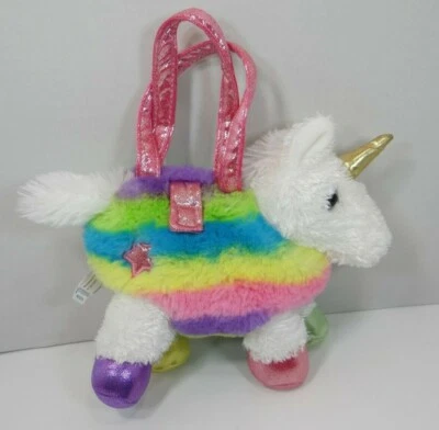 Aurora Fancy Pals Rainbow Unicorn Plush In Carrier 7" Purple Eyes NWOT