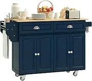 HOMCOM Rolling Kitchen Island Cart with Drop Leaf, Kitchen Cart on Wheels with Rubber Wood Top, 2 Drawers and 2 Storage Cabinets, Island Table for Kitchen, Dining Room, Dark Blue