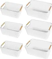 6 Pack White Plastic Mesh Storage Baskets with Wooden Handles - Multi Purpose Organiser for Pantry, Kitchen, Bathroom, Office | Breathable, Stackable & Portable | Home Organisation