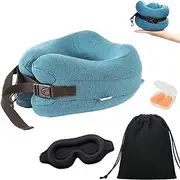 Travel Pillow 100% Pure Memory Foam Neck Pillow, Pillows for Sleeping, Car and Airplane Travel Essentials, Travel Kit with 3D Contoured Eye Masks, Earplugs and Luxury Luxury Bag (Blue)