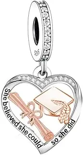 [Mon & Sons] She Believed She Could So She Did Graduation Exam Pass Love Heart Charm Bead Pendant 925 Sterling Silver Dangle Compatible With Pandora Charm Bracelet, Metal