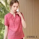 【LUNG.L 林佳樺】LP39A桃紅色格紋領抽皺短袖女裝上衣(春夏新品 加大尺碼)